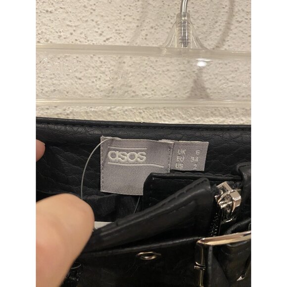 ASOS Skirt Womens US 2 UK 6 Black Leather Look Mini Belted Zip Pockets Moto - Picture 3 of 5